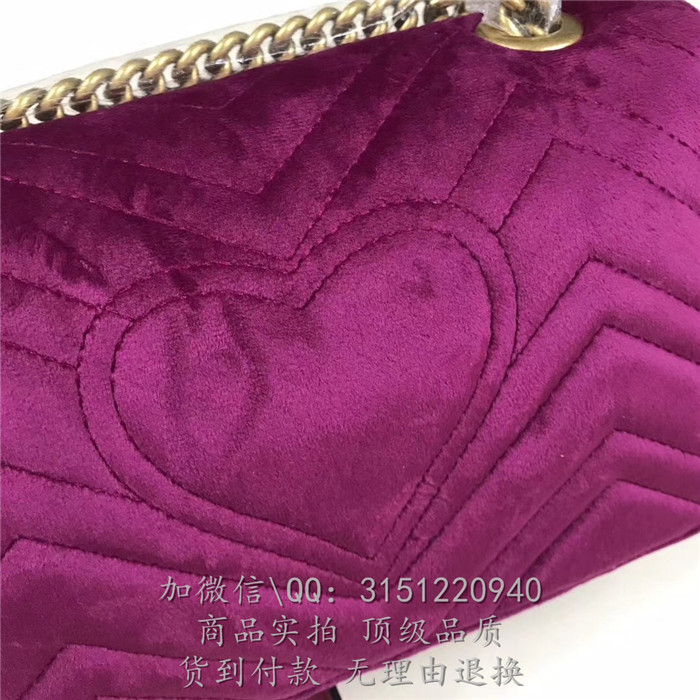 gucci链条包 446744紫红 古驰GG Marmont系列天鹅绒绗缝迷你手袋