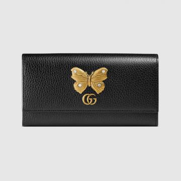 顶级高仿Gucci长款翻盖钱包 499359黑色 古驰蝴蝶图案长款钱包