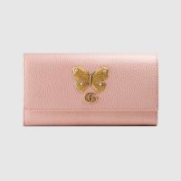 顶级高仿Gucci长款翻盖钱包 499359浅粉色 古驰蝴蝶图案长款钱包
