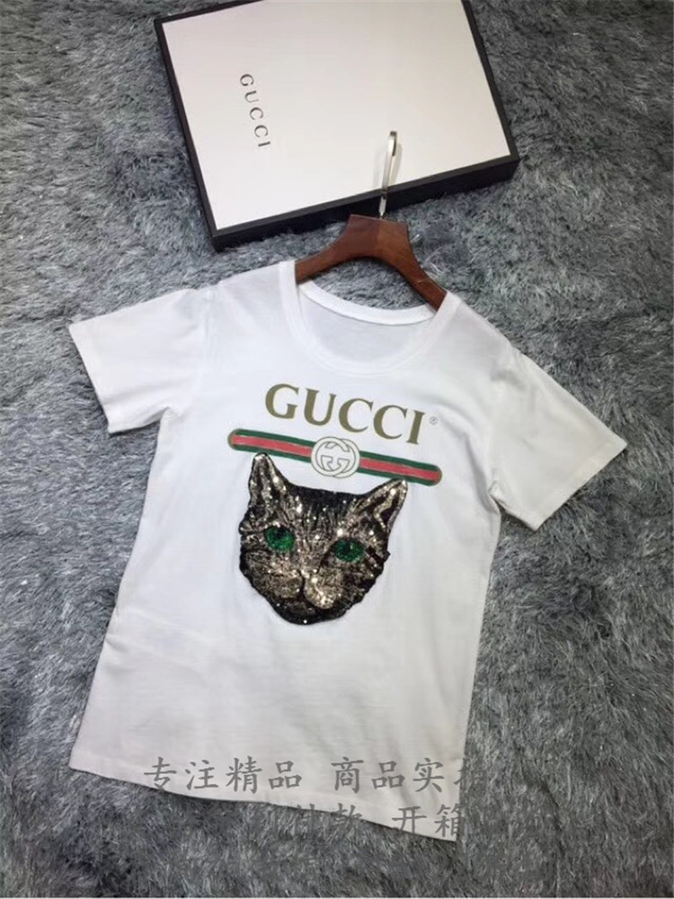顶级高仿Gucci印花T恤 492347 Gucci标识饰水晶猫头T恤