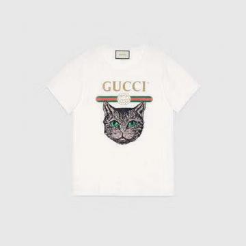 顶级高仿Gucci印花T恤 492347 Gucci标识饰水晶猫头T恤