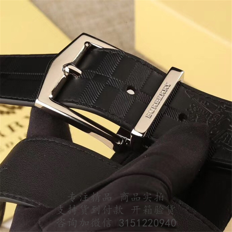 Burberry针扣皮带 80060881 黑色双面两用格纹马术骑士图案皮革腰带