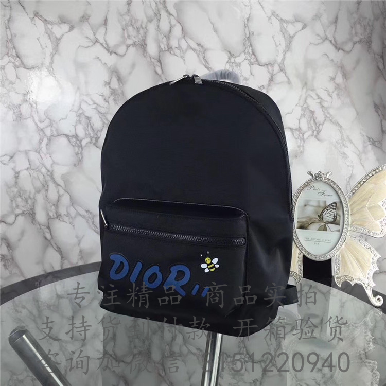 迪奥淡蓝色Dior标志Rider DIOR x KAWS黑色尼龙背包 1KWBA064YLE_H03E