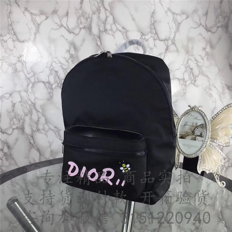 迪奥淡粉色Dior标志Rider DIOR x KAWS黑色尼龙背包 1KWBA064YLE_H10E