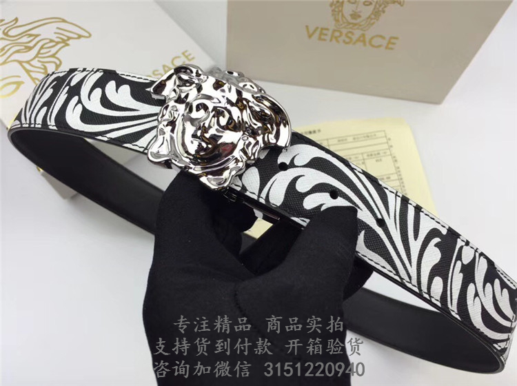范思哲Versace白色BAROCCO PALAZZO金扣双面腰带皮带 DCU6705-DVITBR_D01NT