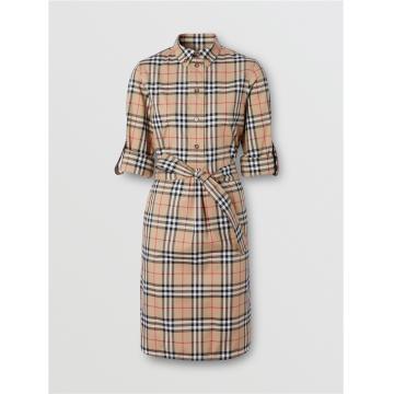 Burberry 80245851 女士 Vintage 格纹弹力棉质系腰衬衫式连衣裙