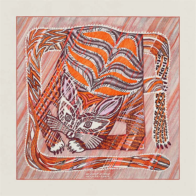 HERMES H003901S 女士橙色拼紫罗兰“方形小猫”90厘米方巾