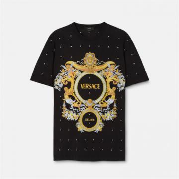 VERSACE 1008482 男士黑色 BAROQUE水晶网格 T恤