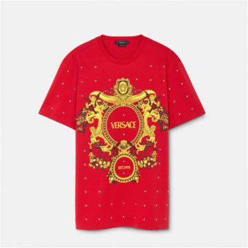 VERSACE 1008482 男士红色 BAROQUE水晶网格 T恤