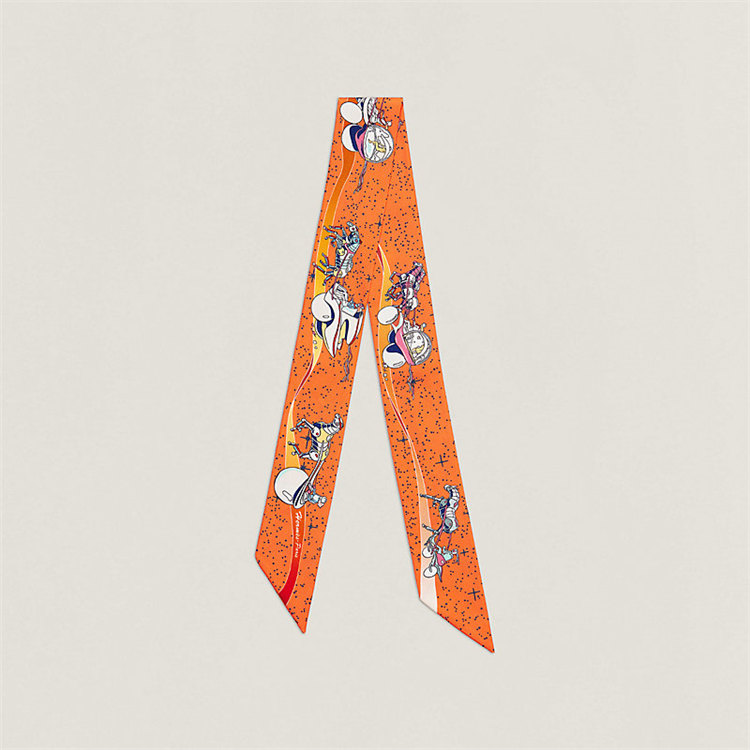 HERMES H063573S 女士橙色“太空赛马”Twilly 小丝巾